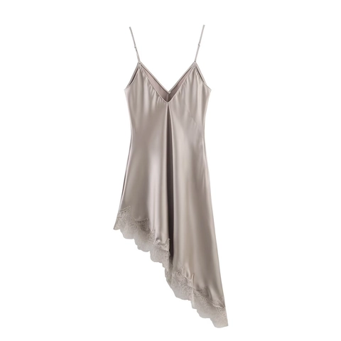 Women Satin Camisole Dress Acetate Satin Texture Asymmetric Lace Trim V Neck Sleeveless Vacation Party Slip Dress
