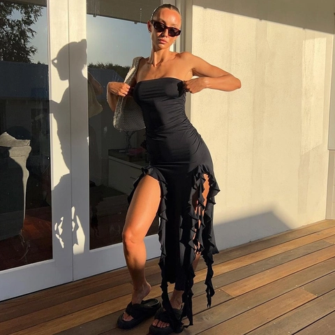 Tube Top Maxi Dress Polyester Strapless High Slit Ruffle Hem Hollow Out Ruched Bodycon Party Evening For Women