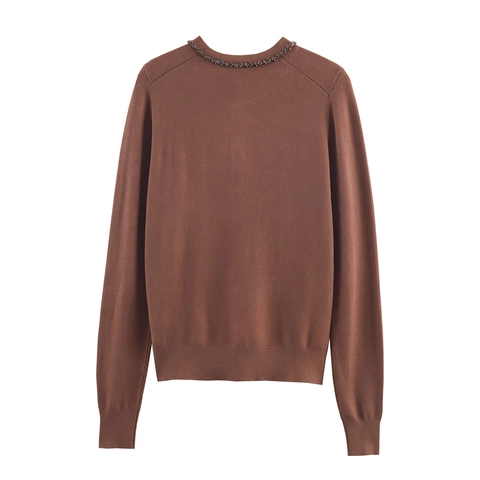 Women Round Neck Long Sleeve Knit Cardigan Sweater With Beaded Neckline Buttons Solid Color Casual Elegance