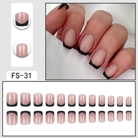 French Press On Nails Short Square Black Tips Nude Pink Base Glossy False Nails Women
