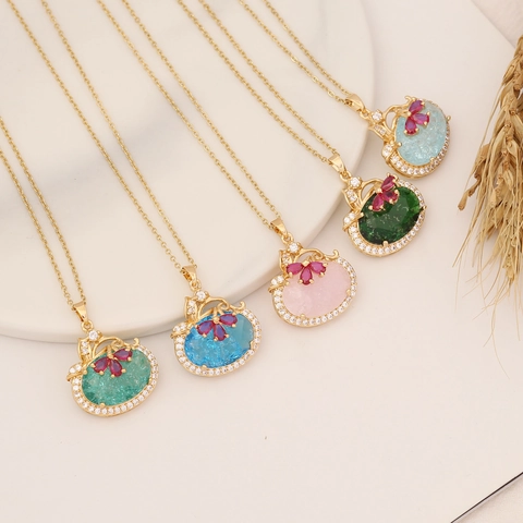 Elegante Collana Con Pendente Ovale In Rame Acciaio Inossidabile Con Pietra Preziosa Effetto Ghiaccio Zircone Design A Fiore Per Donna