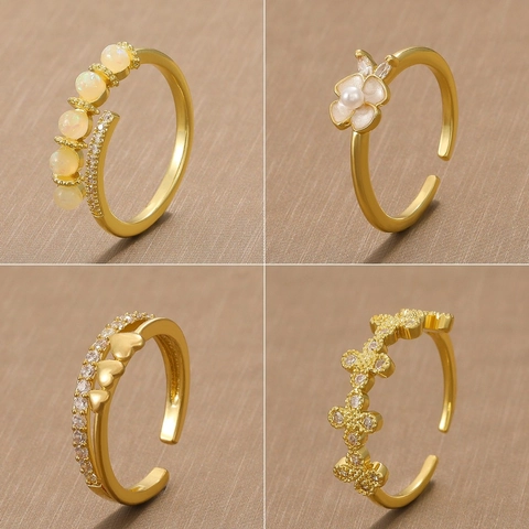 Fashion Copper 14K Gold Plated Open Ring For Women Synthetic Opal Cubic Zirconia Heart Flower Geometric Adjustable Ring Jewelry