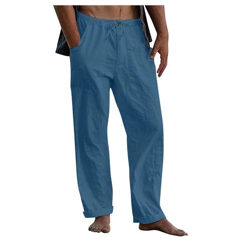 Men's Casual Linen Blend Pants Summer Beach Loose Fit Elastic Drawstring Straight Leg Trousers With Pockets