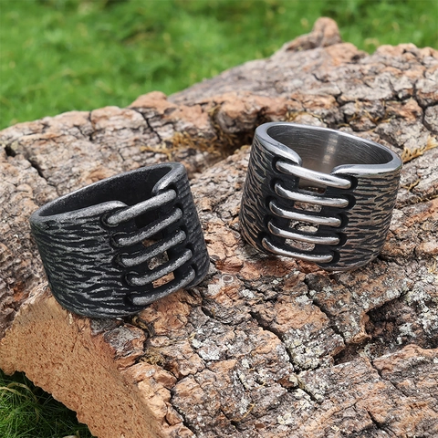 Anello In Acciaio Inossidabile Vintage Da Uomo Stile Punk Industriale Texture A Costine Fascia Larga Gioielli Gotici