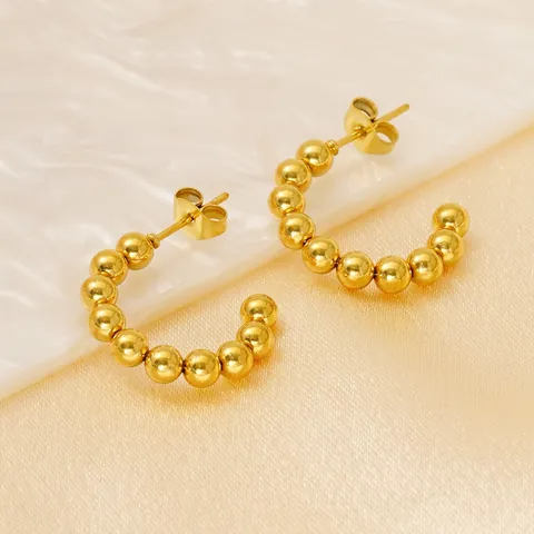 French Vintage C-Shaped Stud Earrings 18K Gold Plated Stainless Steel Beaded Geometric Trendy Jewelry For Women