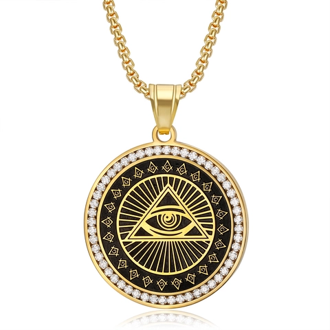 Hip Hop Titanium Steel Eye of Providence Pendant Necklace Stainless Steel Micro Inlaid Zircon Round Medallion For Men Women