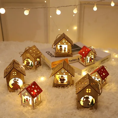 Wooden Christmas House Hanging Ornaments LED Glowing Warm Light Nordic Style Tree Decoration Reindeer Snowman Santa