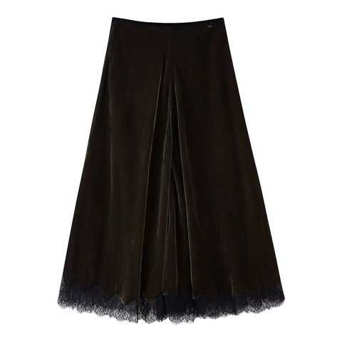 Elegant Velvet A-Line Skirt With Lace Hem High Waist Mid Length Vintage Streetwear For Women