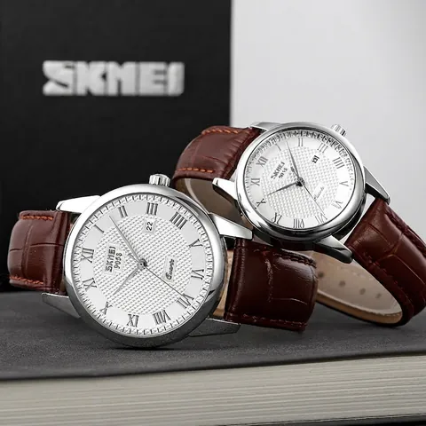 Orologio al Quarzo Business Skmei per Uomo Donna Impermeabile con Data Cinturino in Vera Pelle Acciaio Inossidabile Orologio di Coppia