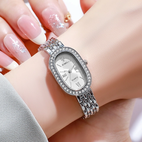 Orologio Al Quarzo Da Donna Ovale Con Strass Resistente All'acqua Moda Elegante Cinturino In Lega Di Metallo