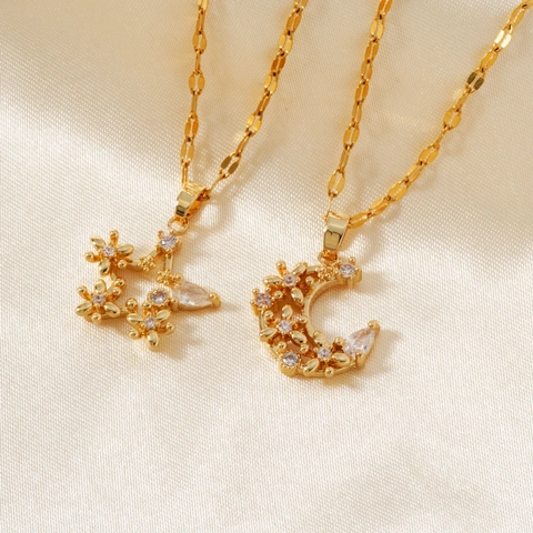 Eleganter Kupfer Strass Mond Stern Anhänger Halskette Für Frauen High Sense Zarte Sichel Fünfzackigen Stern Blume Design Pendeln Mode Schmuck