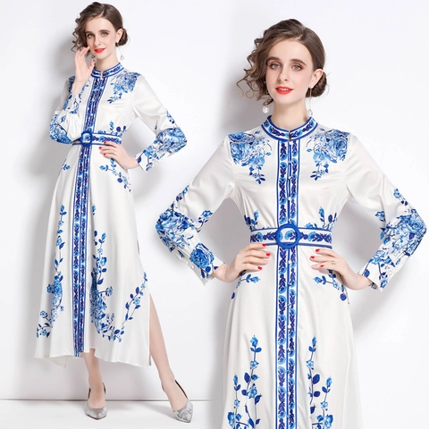 Maxi-Jurk Lange Mouwen Blauw Porseleinen Print Opstaande Kraag Elegant Satijn Polyester Met Riem Voor Dames Vintage Zijsplit