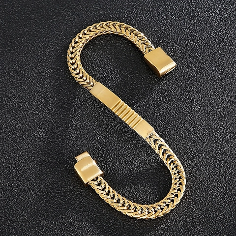 Herren Edelstahl Weizenkette Armband Mit Magnetverschluss Geometrische Metallplatte Punk Stil Armreif