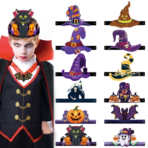 Gorros De Fiesta De Halloween De Papel Dibujos Animados Bruja Calabaza Fantasma Murciélago Tocado Para Cosplay Disfraz