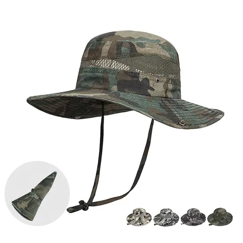 Outdoor Camouflage Boonie Hat Sun Protection Breathable Mesh Wide Brim Fishing Hiking Adjustable Windproof String