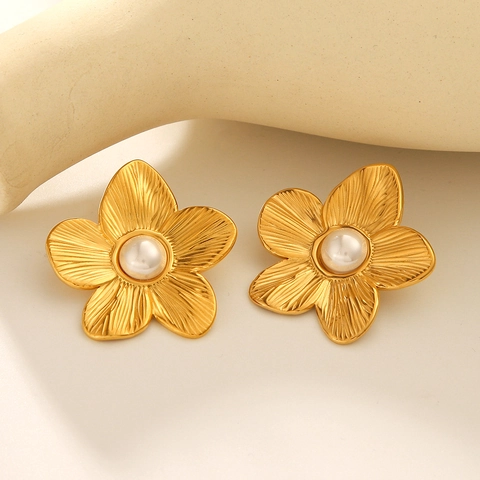Flower Stud Earrings 18K Gold Plated Stainless Steel Faux Artificial Pearl Retro French Ins Style Elegant Jewelry For Women