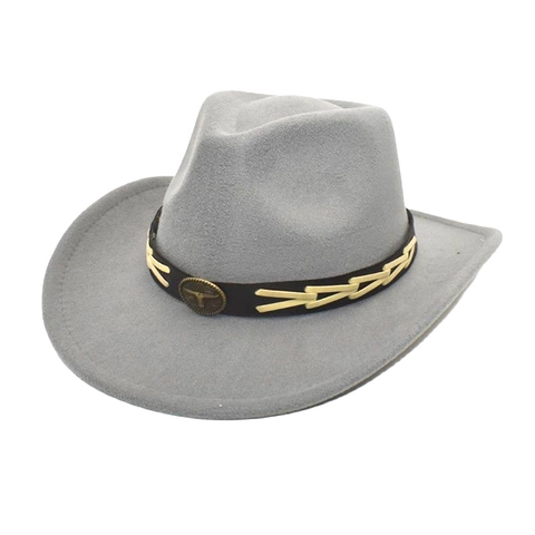 Western Cowboy Hat Cotton Polyester Felt Wide Brim With Decorative Belt Metal Bull Head Buckle Vintage Style Men Women