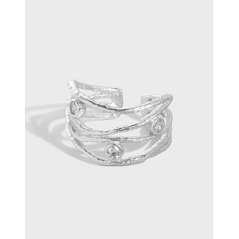 Anillo Abierto Ajustable De Plata De Ley 925 Para Mujer Con Circonitas Textura De Línea Diseño Multicapa Joyería