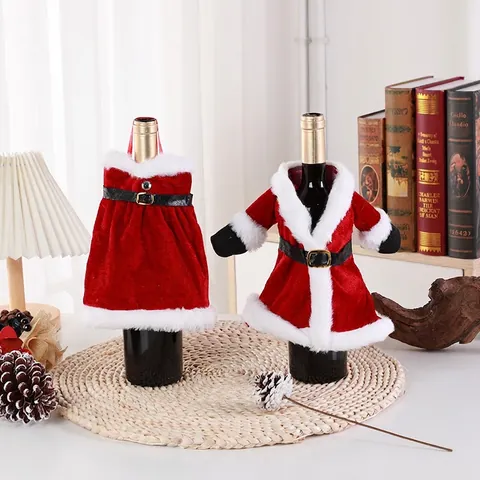 Housse De Bouteille De Vin De Noël Velours Rouge Robe Veste Père Noël Décor Pour Table De Fête