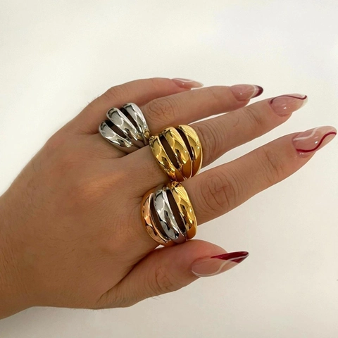 Chunky Multi Layer Wavy Ring Stainless Steel High Polished Geometric Minimalist Versatile Finger Jewelry For Women
