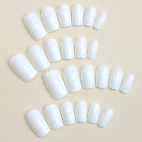 Glossy White Square Press On Nails With Adhesive Tabs And Nail File Solid Color Artificial False Nails For Women