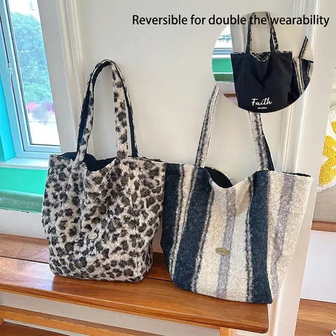 Reversible Plush Tote Bag Faux Fur Leopard Striped Large Capacity Shoulder Handbag Soft Warm Autumn Winter For Women
