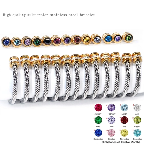Birthstone Twisted Cable Bangle Bracelet For Women Stainless Steel Zirconia Open Cuff Two Tone Classic Jewelry