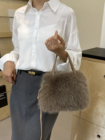 Women Faux Fur Plush Crossbody Bag Soft Fluffy Handbag With Leather Strap Autumn Winter Fashion Square Shape