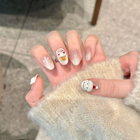 Handmade Press On Nails Christmas 3D Snowman Snowflake Champagne Artificial Pearl Lustre Short Oval Winter Festive Gift For Women