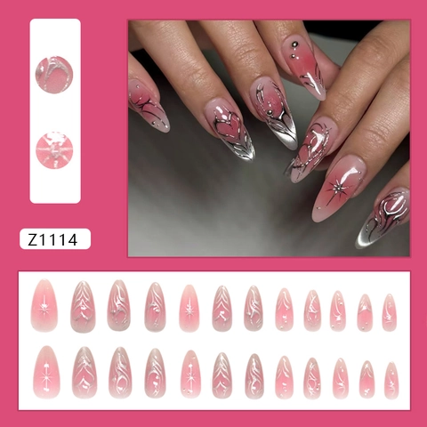Faux Ongles À Presser Amande Lignes Argentées Métallisées Cœur Étoile Dégradé Rose Blush Plastique ABS Style Sweet Cool Pour Femmes