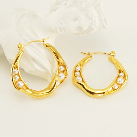 Orecchini A Cerchio Onda Irregolare Placcati Oro 18K Acciaio Inossidabile Con Künstliche Perle Stile Vintage Geometrico Donna