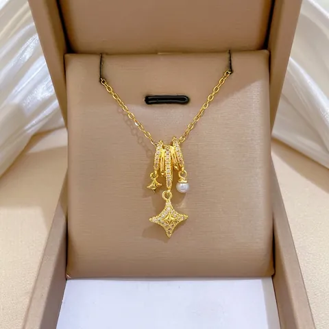 Vierpuntige Ster Hanger Ketting Goud Vergulde Roestvrijstalen Ketting Koperen Zirkoon Cirkel Kunstparel Elegante Sleutelbeen