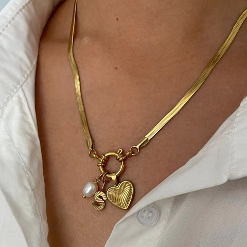 Collar De Acero Inoxidable Con Perla Natural De Agua Dulce Colgante Corazón Letra Inicial Cadena Serpiente Oro Mujer