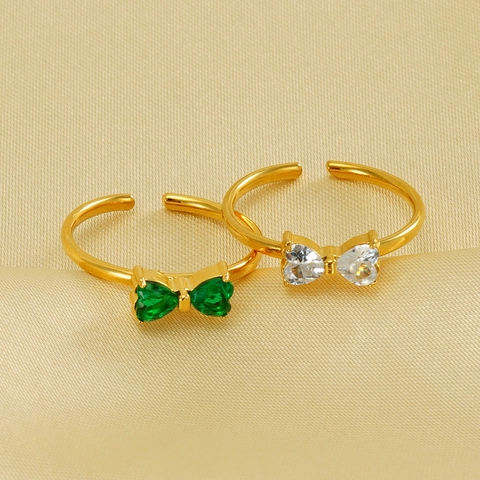 Roestvrijstalen Ring 18K Verguld Zirkoon Hart Strik Verstelbare Open Vingerring Mode-Sieraden Voor Vrouwen