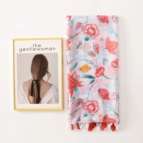Sciarpa Con Stampa Floreale Melograno Per Donna Scialle Traspirante Leggero Con Nappine Effetto Cotone Protezione Solare Mare