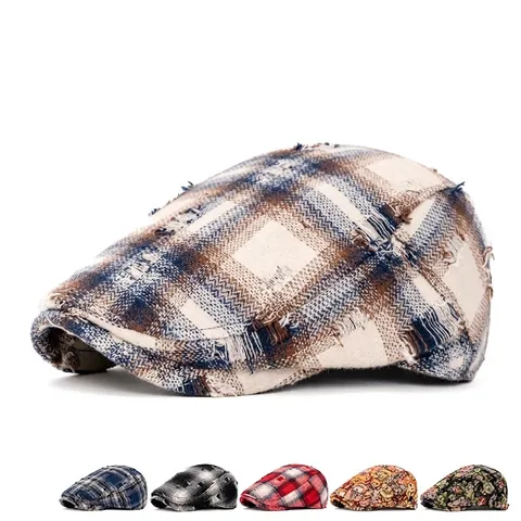 Vintage Karierte Schirmmütze Distressed Fransen Newsboy Hut Verstellbare Metallschnalle Für Damen Herren Baumwolle