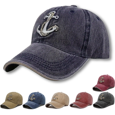 Casquette De Baseball En Coton Lavé Vintage Broderie Ancre Chapeau De Soleil Réglable Style Nautique Rétro