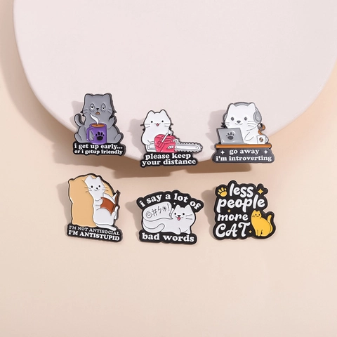 Funny Cartoon Cat Enamel Brooch Pins Zinc Alloy Introverted Cat Lapel Badge Slogan Cat Jewelry For Backpack Clothes Women Men