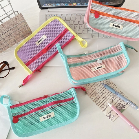 Large Capacity Mesh Pencil Case Multi Compartment Color Contrast Portable Stationery Bag Macaron Breathable Polyester