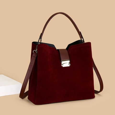 Damen Wildleder-Optik Schultertasche Große Kapazität Vintage Eimertasche Handtasche Mit Metallschnalle Verstellbarer Gurt