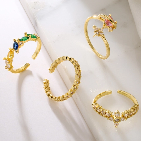 Modischer Verstellbarer Offener Ring Für Damen Vergoldetes Kupfer Geometrisches Herz Stern Zirkon Schmuck