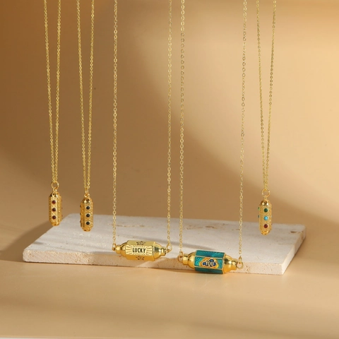 Vintage Zylinder Anhänger Halskette Gold Plattiert Kupfer Bunte Zirkon Emaille Glück Schmuck Für Damen Mode