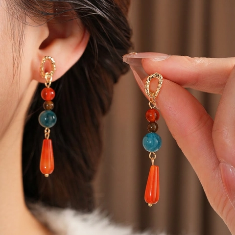 Vintage Ethnic Dangle Drop Earrings With Colorful Agate Stone Beads And Silver Earring Post Bohemian Style For Women