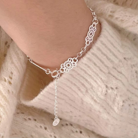 Elegante Bracciale In Argento Sterling 925 Pizzo Traforato Regolabile Catena Di Estensione Gioielli Floreali Vintage Donne