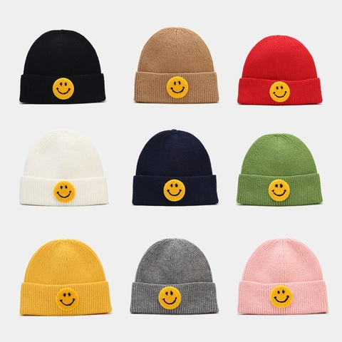 Beanie Gebreide Muts Warm Winter Acryl Geribd Smile Face Patch Outdoor Casual Voor Heren Dames