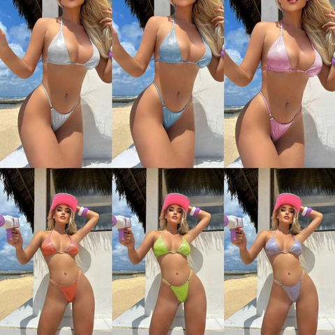 Haut De Bikini Et Bas String Femme Pailleté Métallique Sexy Maillot De Bain Triangle Halter Plage Vacances Été Étincelant