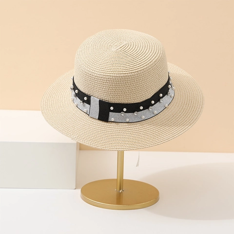 Boater Hat Women Summer Straw Sun Protection Flat Top Beach Elegant Artificial Pearl Rhinestone Decoration Breathable Wide Brim