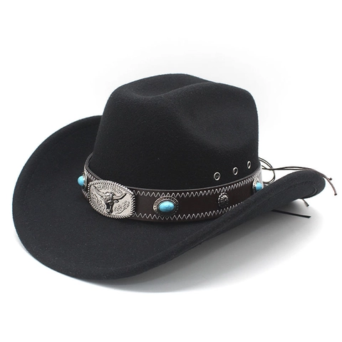 Sombrero De Vaquero Western Fieltro De Lana Ala Ancha Hebilla Cabeza De Toro Banda Cuero Turquesa Estilo Etnico Unisex