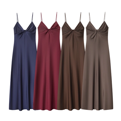 Women Maxi Dress Satin Polyester V Neck Spaghetti Strap Gathered Knot Elegant Long Casual Evening Party