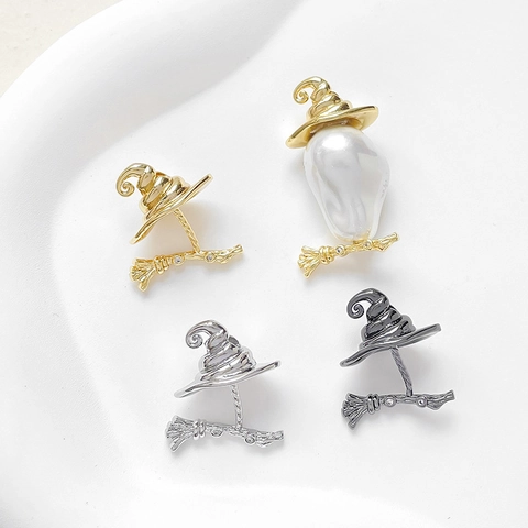 Colgantes Sombrero De Bruja Y Escoba Cobre Chapado En Oro Perla Barroca Artificial Circón Para Hacer Joyas DIY Halloween Gótico